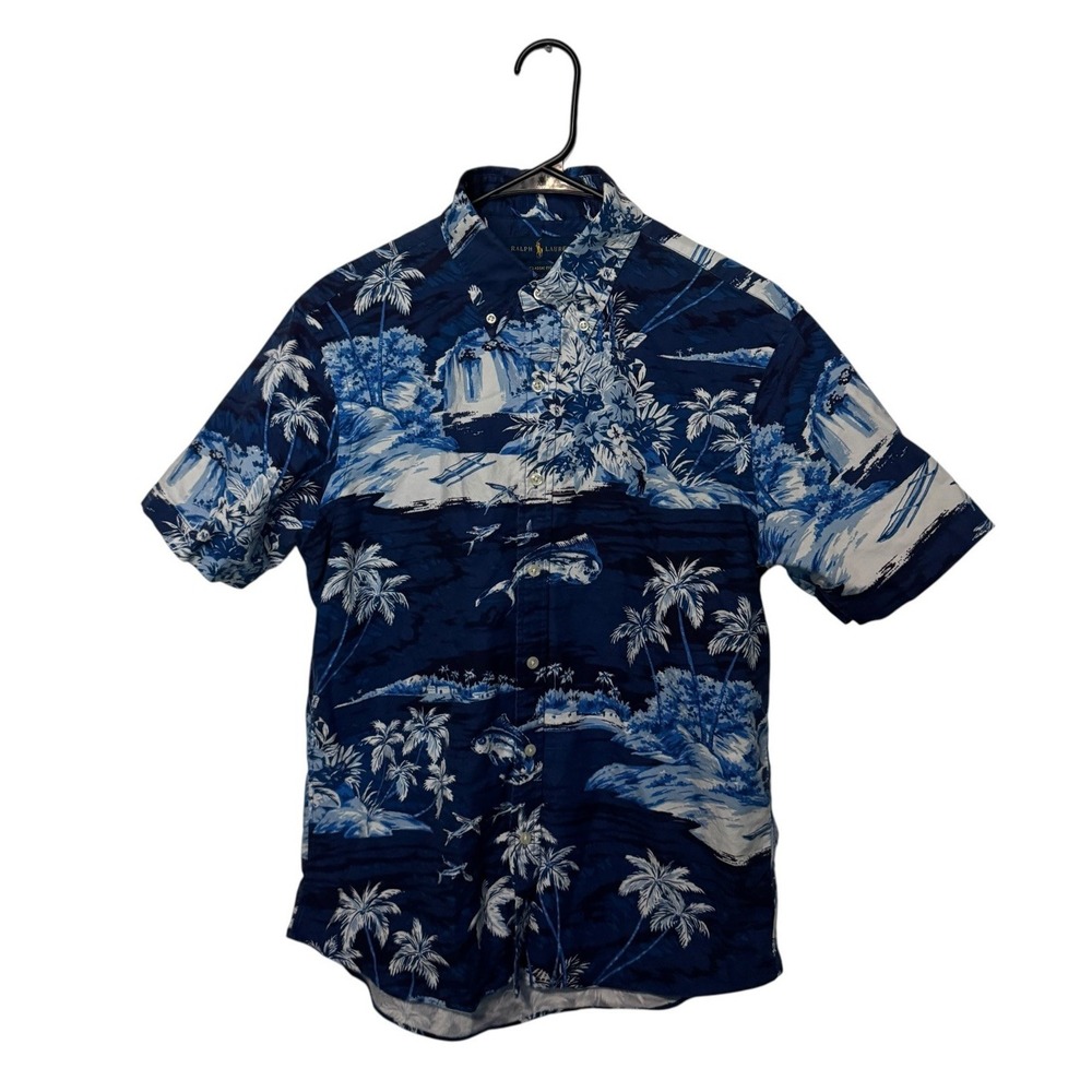 Ralph Lauren Shirt Mens Medium Blue Tropical Oxford Short Sleeve Classic Fit